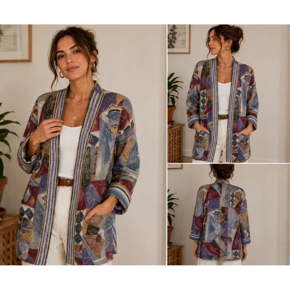 Vtg Abstract Geometric Open Front Jacket Size 12 Artsy Southwestern 90s Eclectic